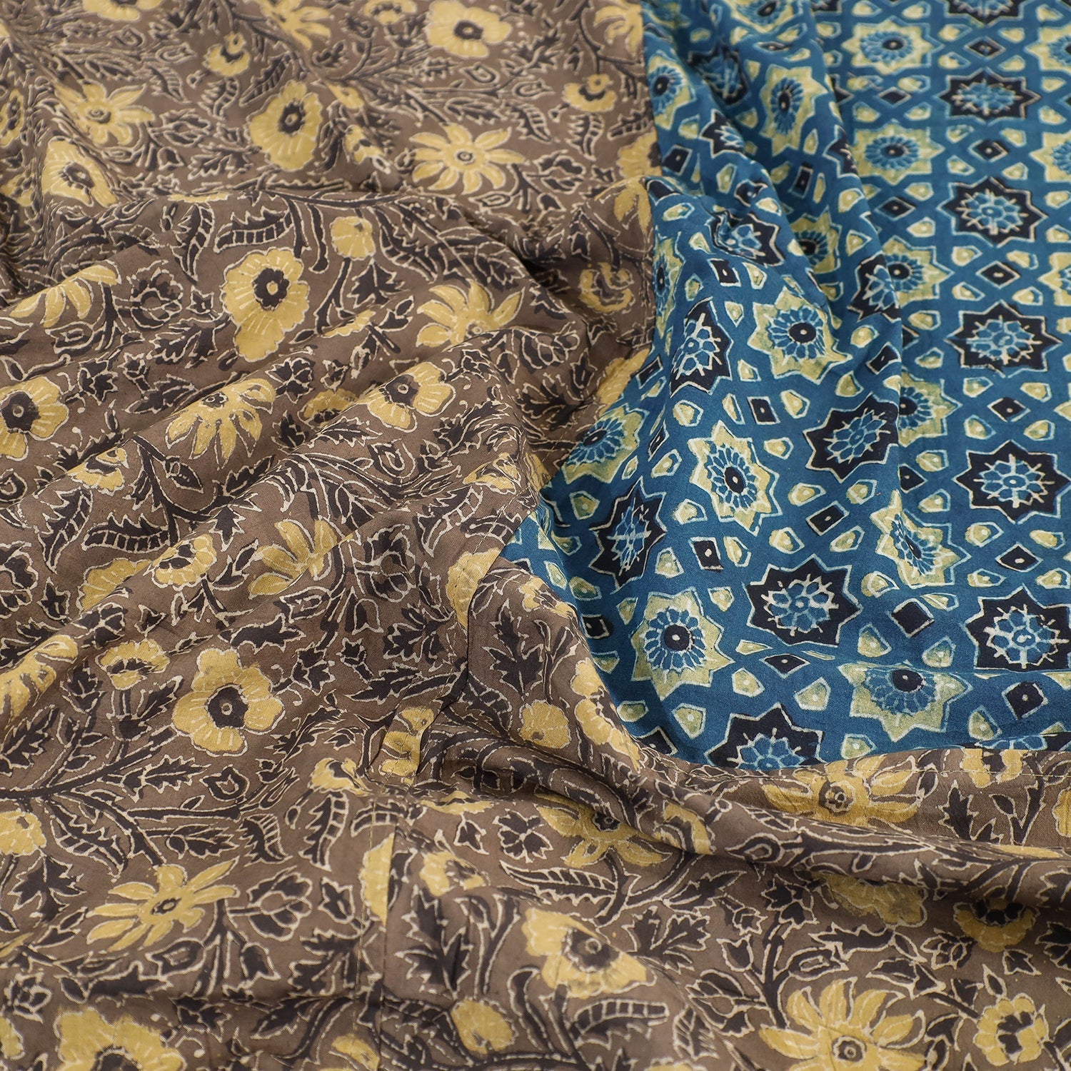 Brown - Ajrakh Patch Tukdi Kaam Cotton Double Bed Cover with Pillow Covers (109 x 86 in)