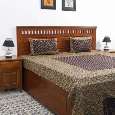Brown - Ajrakh Patch Tukdi Kaam Cotton Double Bed Cover with Pillow Covers (109 x 86 in)