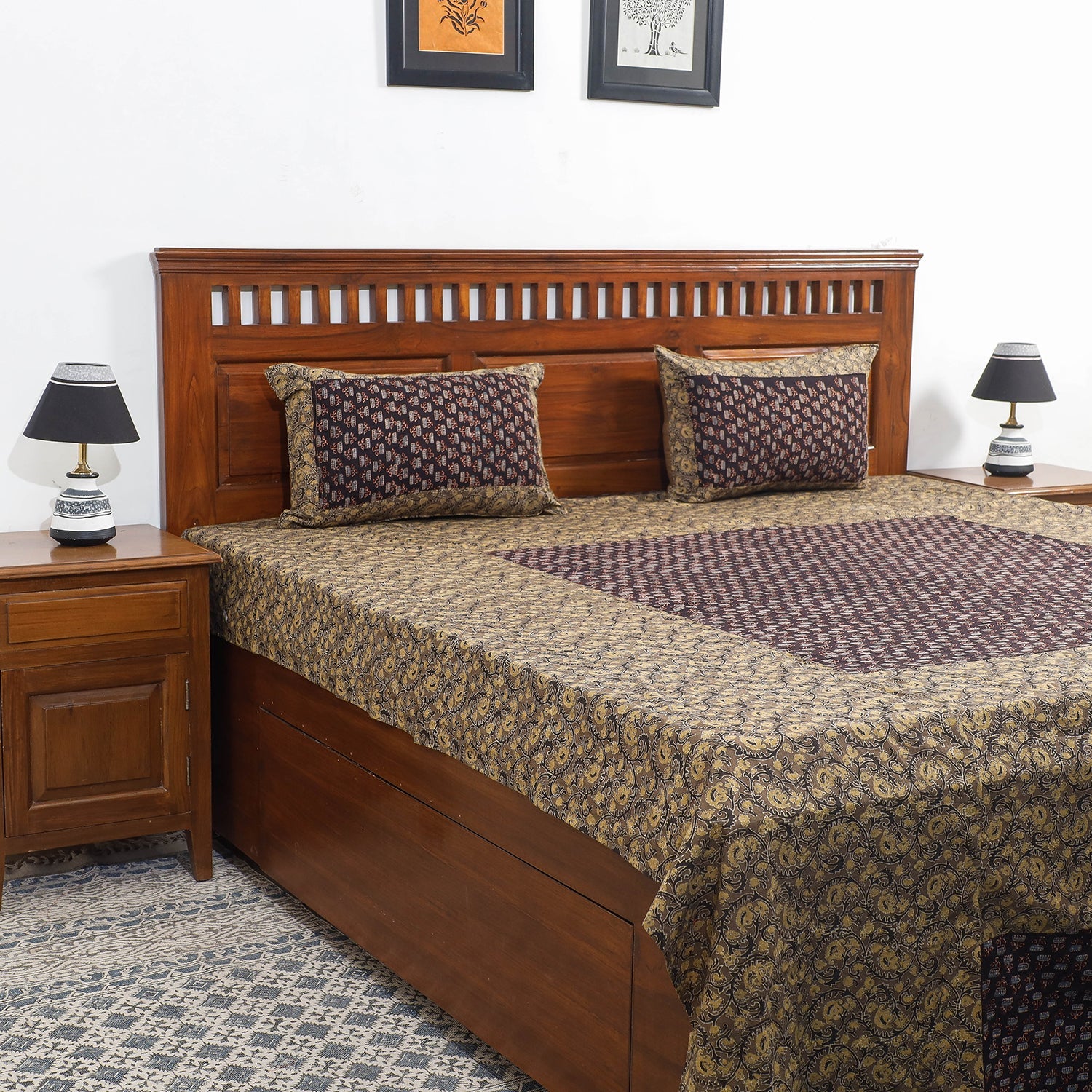 Brown - Ajrakh Patch Tukdi Kaam Cotton Double Bed Cover with Pillow Covers (109 x 86 in)