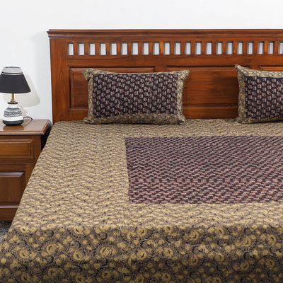 Brown - Ajrakh Patch Tukdi Kaam Cotton Double Bed Cover with Pillow Covers (109 x 86 in)