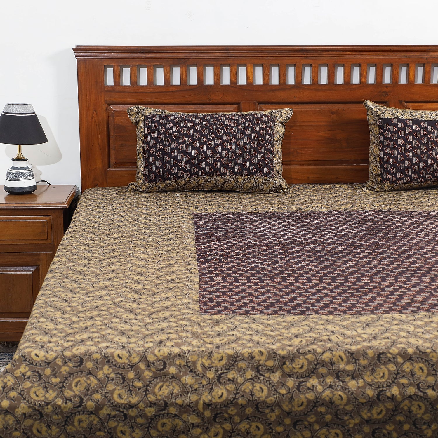 Brown - Ajrakh Patch Tukdi Kaam Cotton Double Bed Cover with Pillow Covers (109 x 86 in)