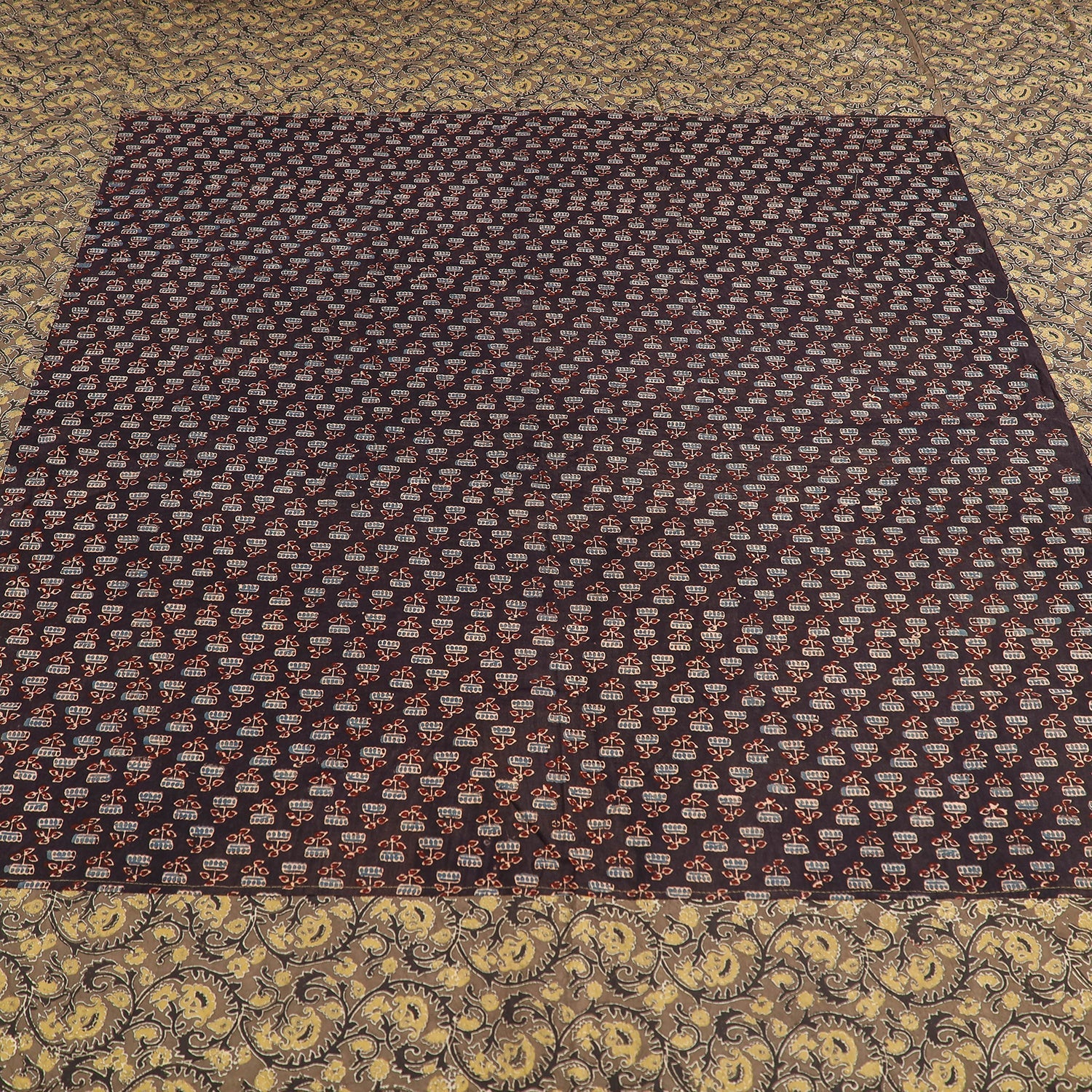 Brown - Ajrakh Patch Tukdi Kaam Cotton Double Bed Cover with Pillow Covers (109 x 86 in)