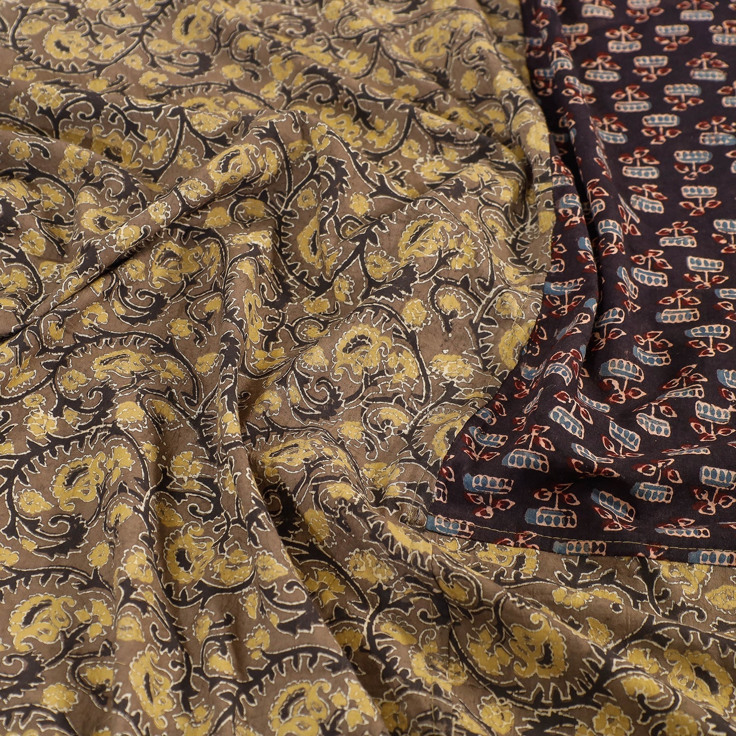 Brown - Ajrakh Patch Tukdi Kaam Cotton Double Bed Cover with Pillow Covers (109 x 86 in)