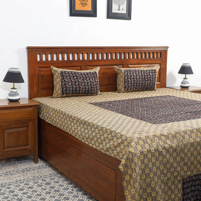 Brown - Ajrakh Patch Tukdi Kaam Cotton Double Bed Cover with Pillow Covers (109 x 86 in)
