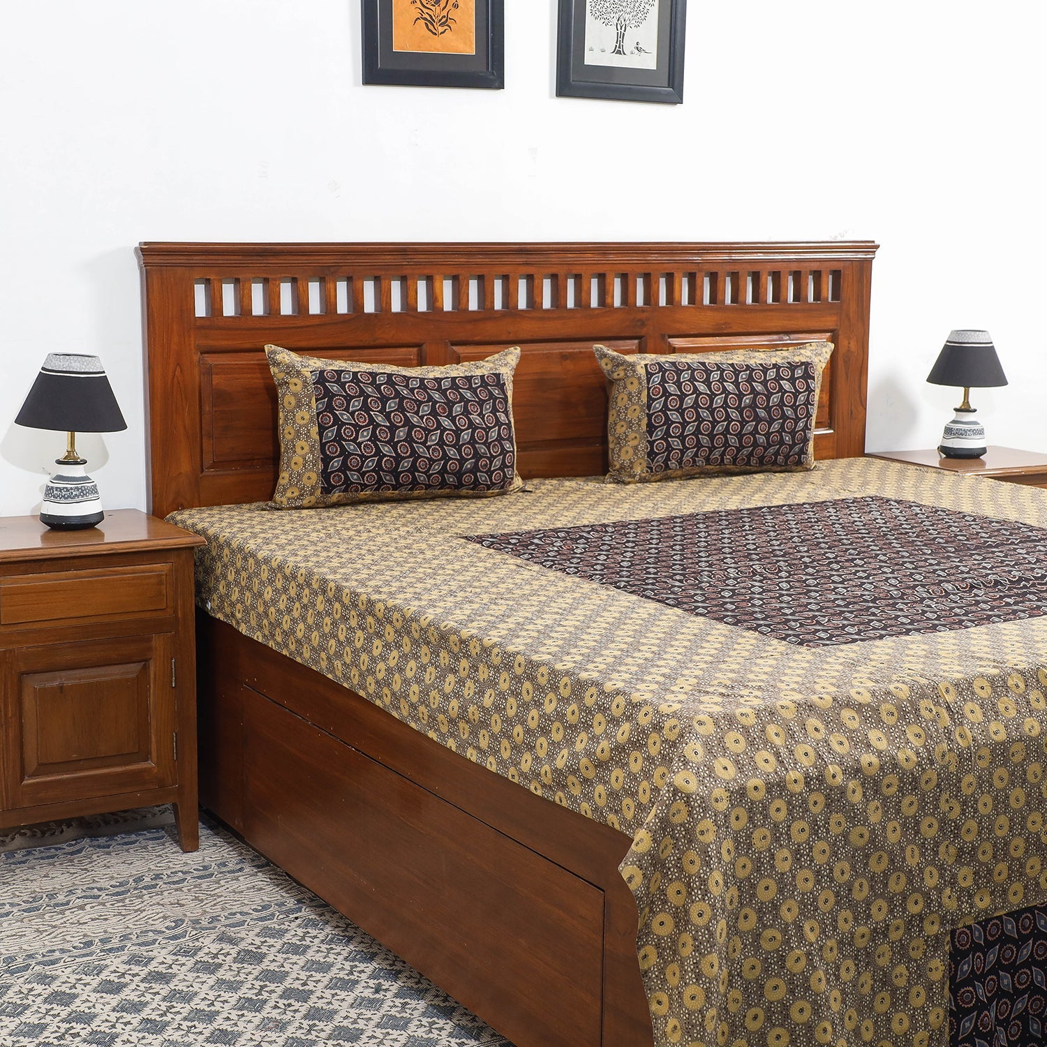 Brown - Ajrakh Patch Tukdi Kaam Cotton Double Bed Cover with Pillow Covers (109 x 86 in)