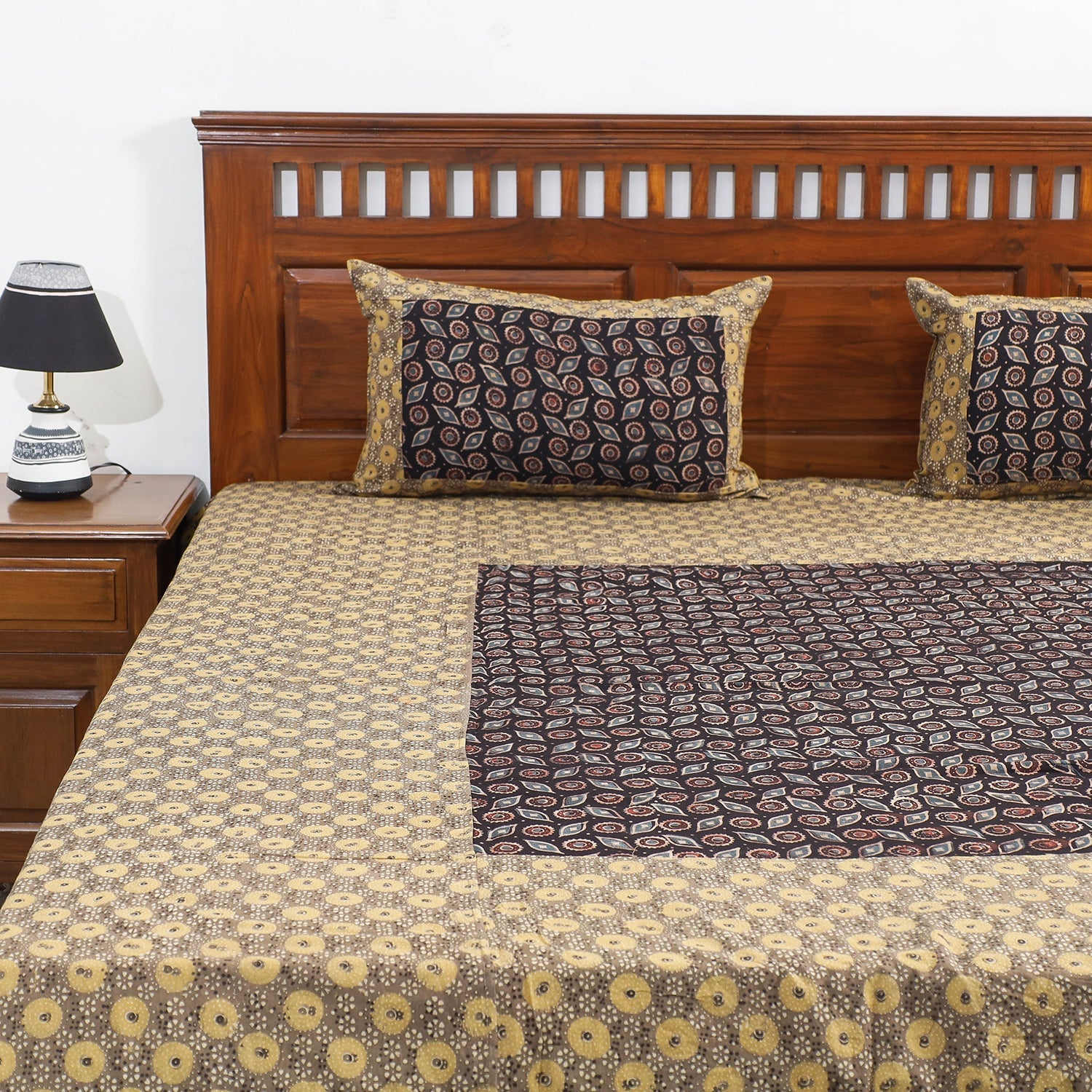 Brown - Ajrakh Patch Tukdi Kaam Cotton Double Bed Cover with Pillow Covers (109 x 86 in)