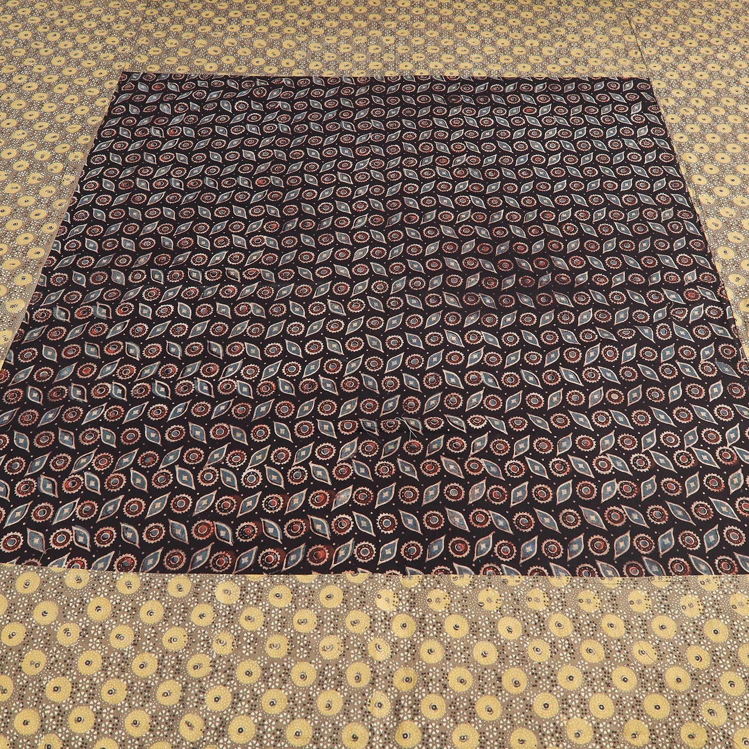 Brown - Ajrakh Patch Tukdi Kaam Cotton Double Bed Cover with Pillow Covers (109 x 86 in)