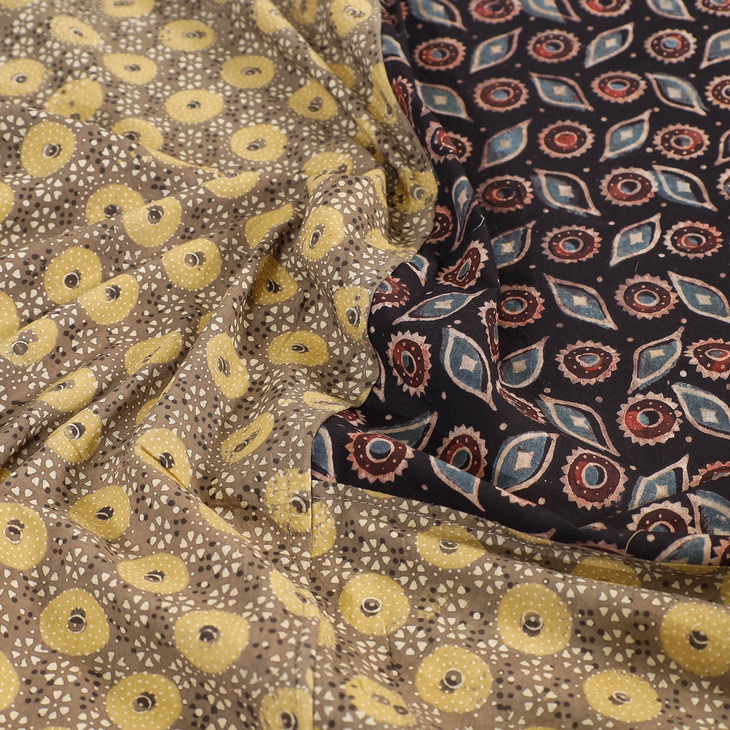 Brown - Ajrakh Patch Tukdi Kaam Cotton Double Bed Cover with Pillow Covers (109 x 86 in)