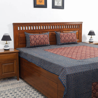 Blue - Ajrakh Patch Tukdi Kaam Cotton Double Bed Cover with Pillow Covers (109 x 86 in)