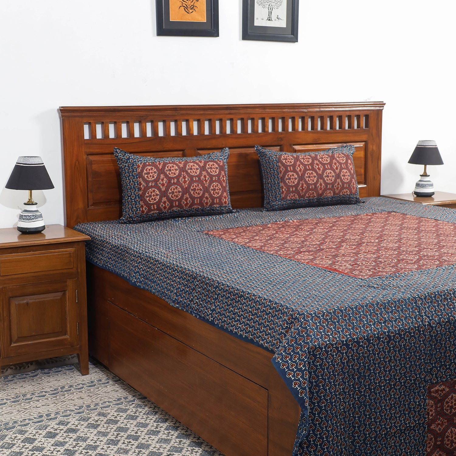 Blue - Ajrakh Patch Tukdi Kaam Cotton Double Bed Cover with Pillow Covers (109 x 86 in)