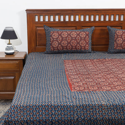 Blue - Ajrakh Patch Tukdi Kaam Cotton Double Bed Cover with Pillow Covers (109 x 86 in)