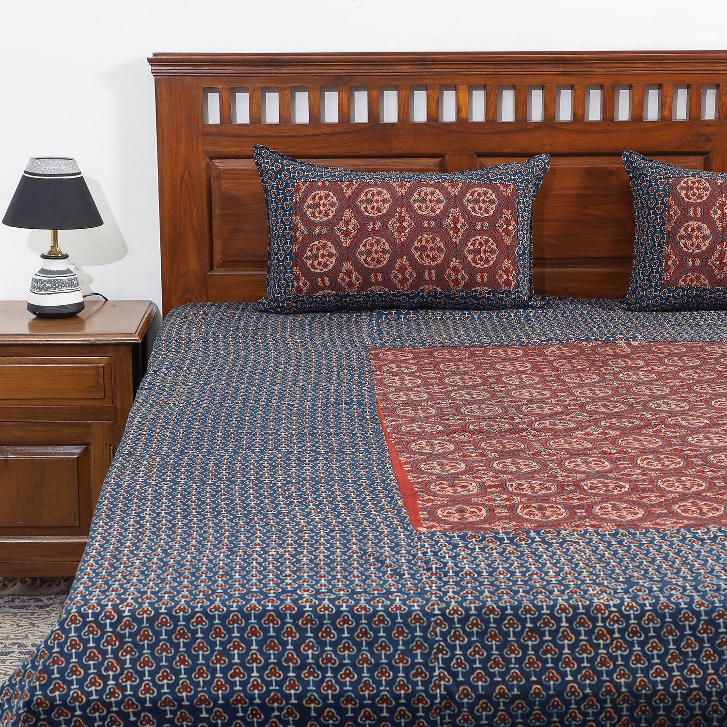 Blue - Ajrakh Patch Tukdi Kaam Cotton Double Bed Cover with Pillow Covers (109 x 86 in)