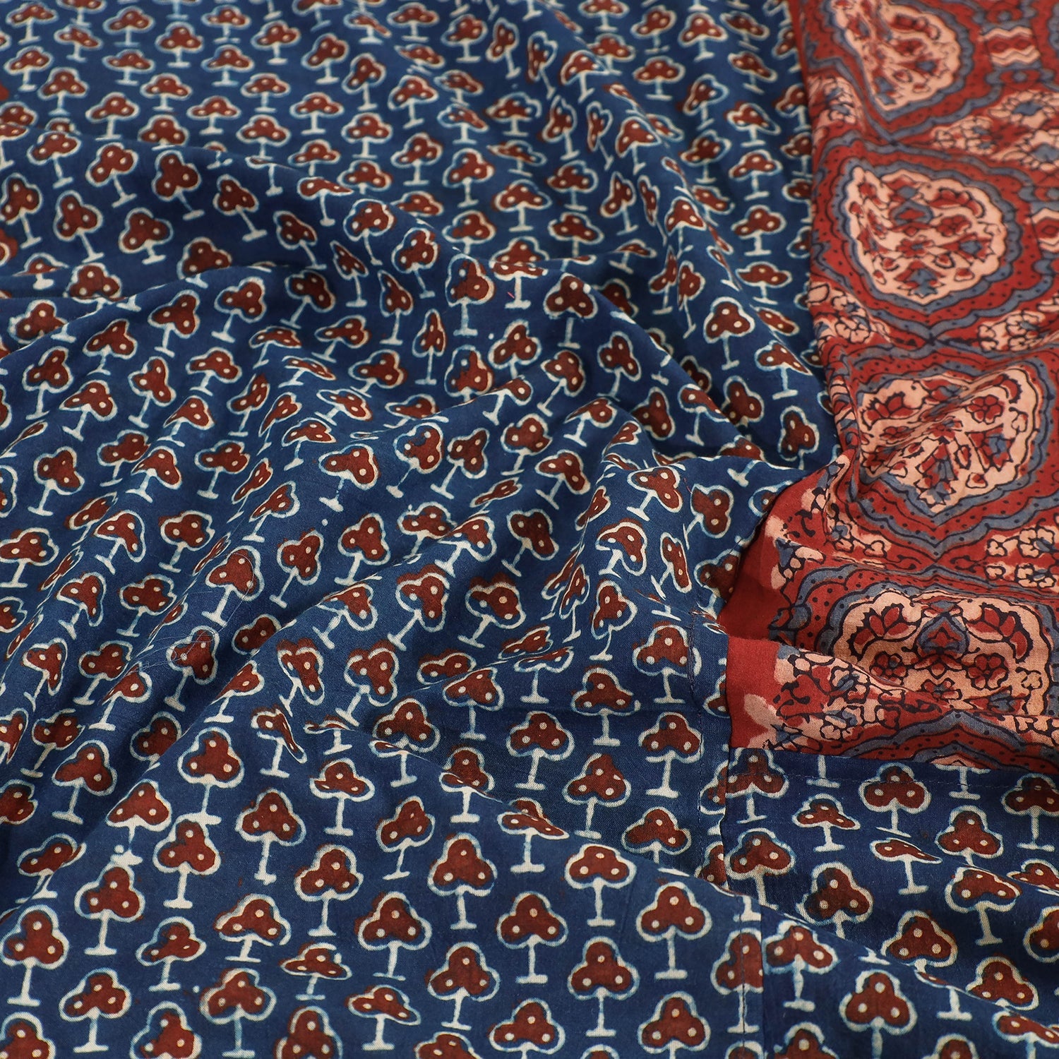 Blue - Ajrakh Patch Tukdi Kaam Cotton Double Bed Cover with Pillow Covers (109 x 86 in)