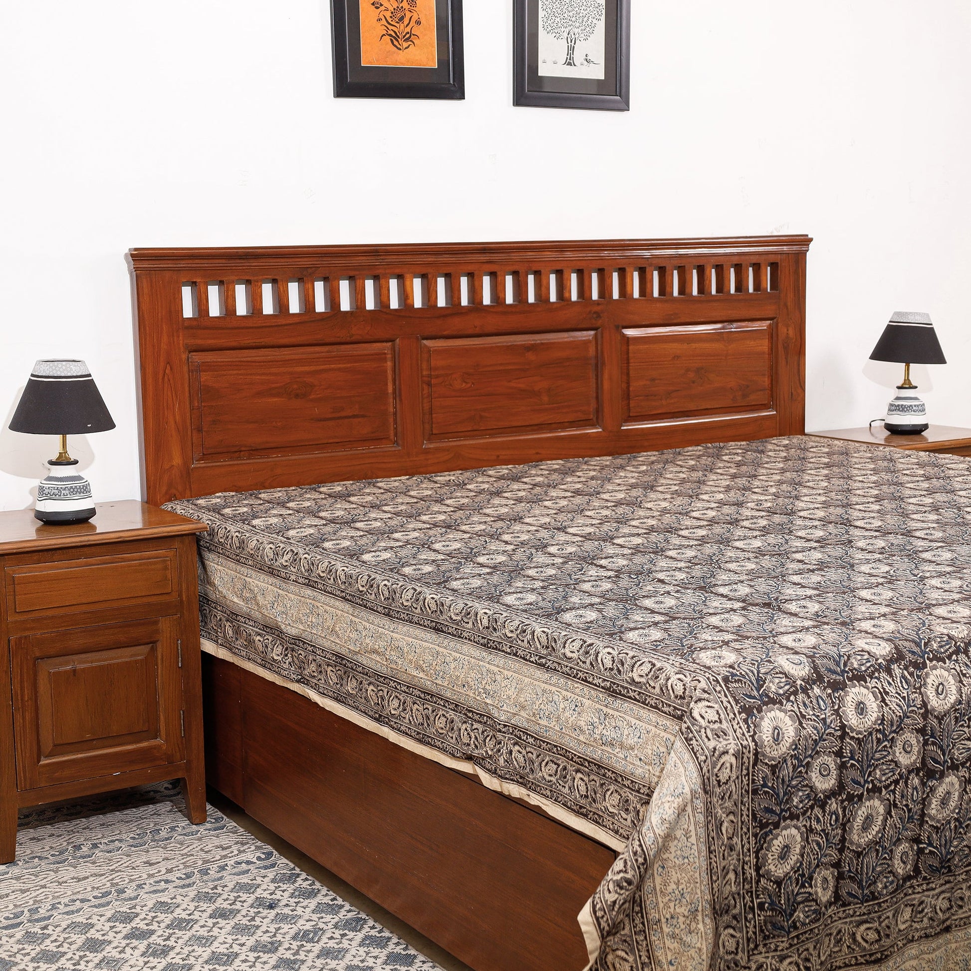 Black - Pedana Kalamkari Block Printing Cotton Double Bed Cover (111 x 94 in)