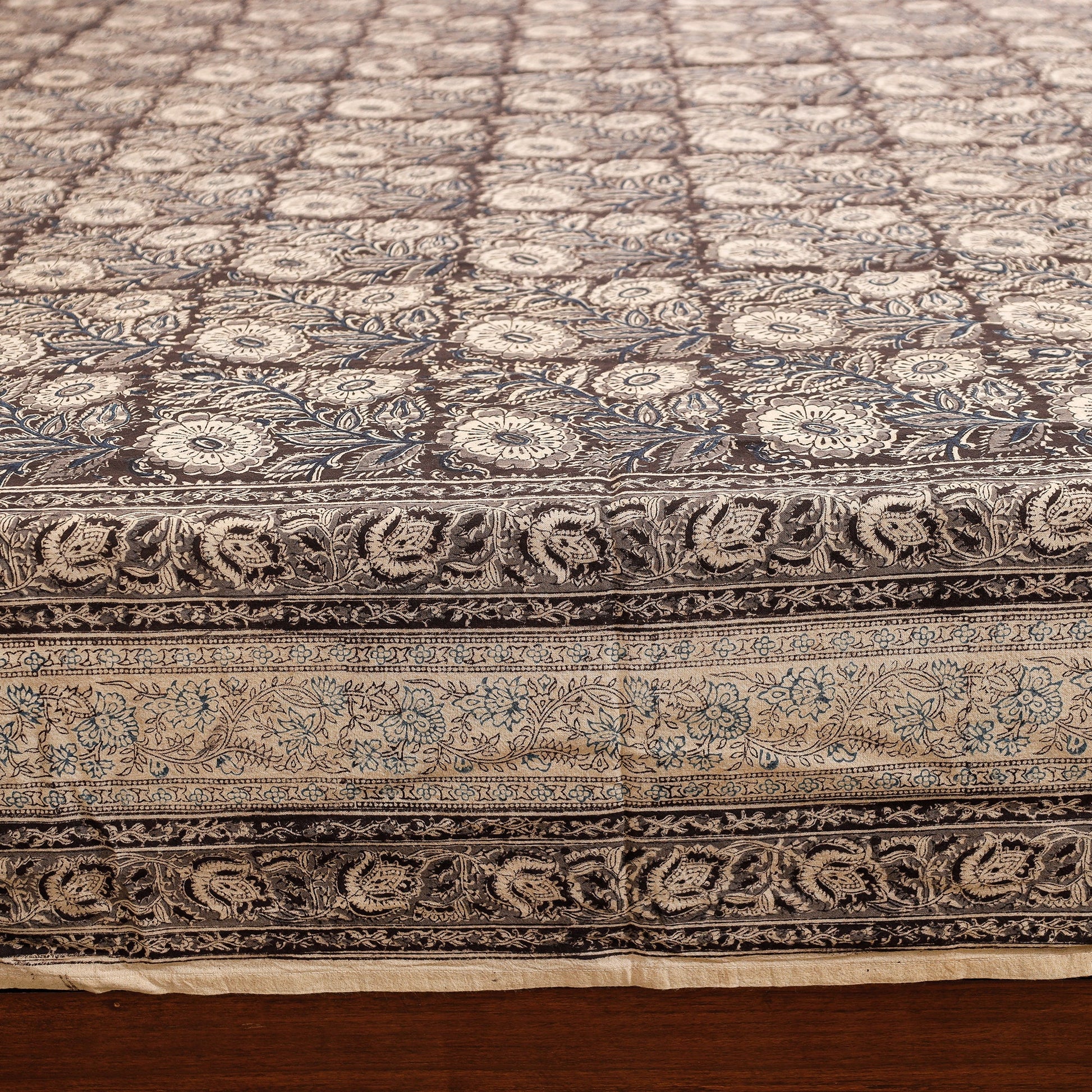 Black - Pedana Kalamkari Block Printing Cotton Double Bed Cover (111 x 94 in)