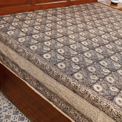 Black - Pedana Kalamkari Block Printing Cotton Double Bed Cover (111 x 94 in)