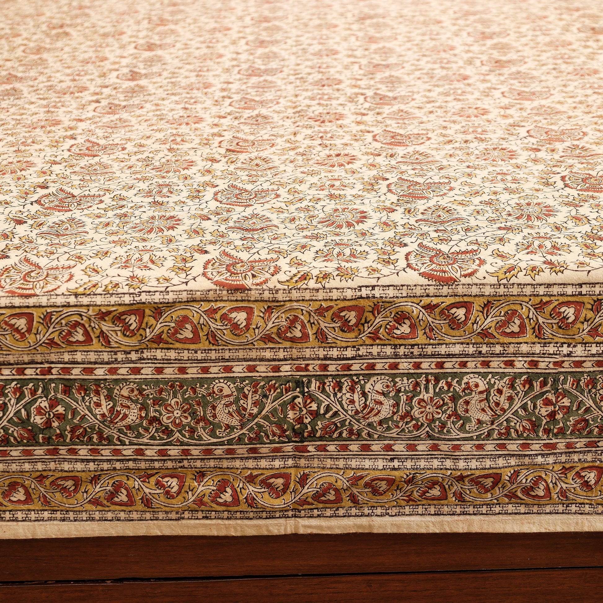 Beige - Pedana Kalamkari Block Printing Cotton Double Bed Cover (111 x 94 in)