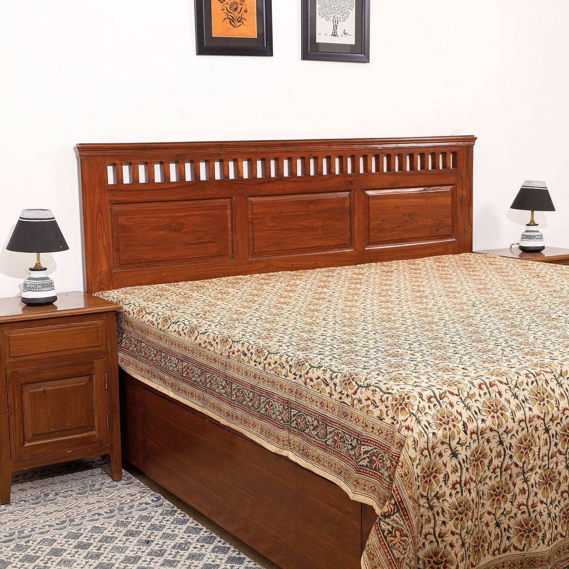 Brown - Pedana Kalamkari Block Printing Cotton Double Bed Cover (111 x 94 in)
