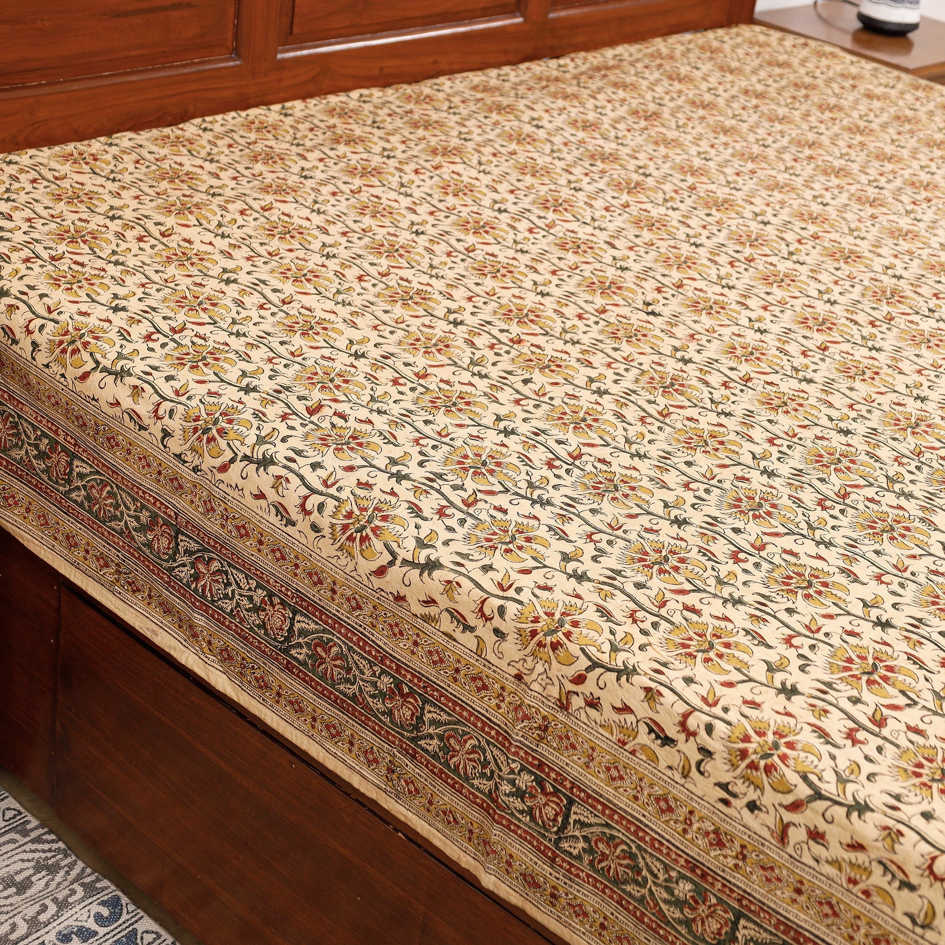 Brown - Pedana Kalamkari Block Printing Cotton Double Bed Cover (111 x 94 in)