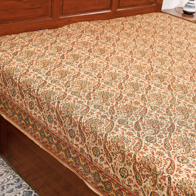 Beige - Pedana Kalamkari Block Printing Cotton Double Bed Cover (111 x 94 in)