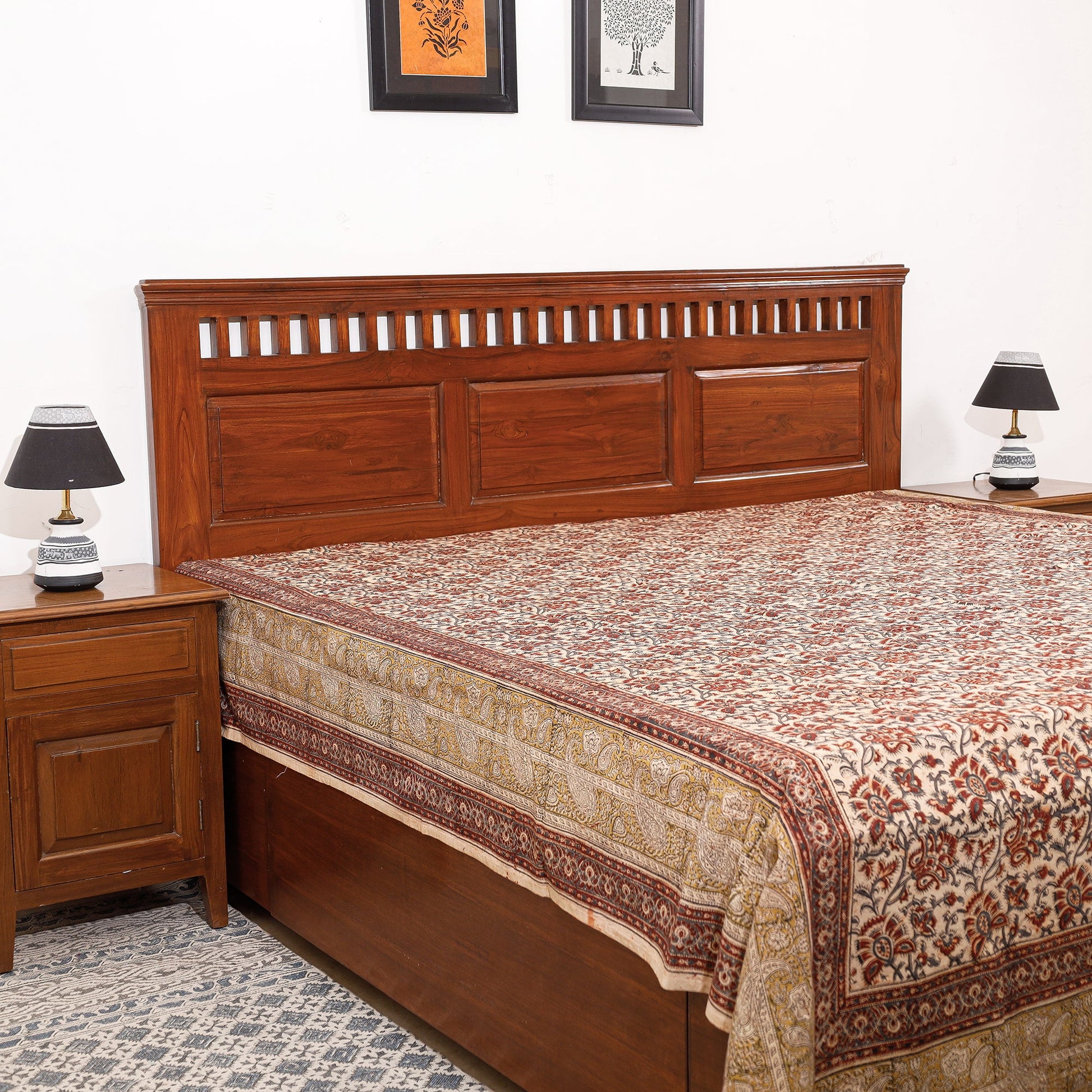 Beige - Pedana Kalamkari Block Printing Cotton Double Bed Cover (111 x 94 in)