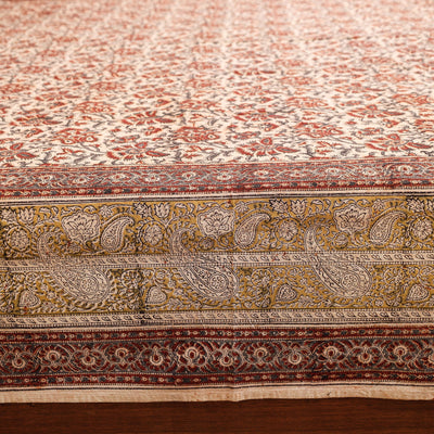 Beige - Pedana Kalamkari Block Printing Cotton Double Bed Cover (111 x 94 in)