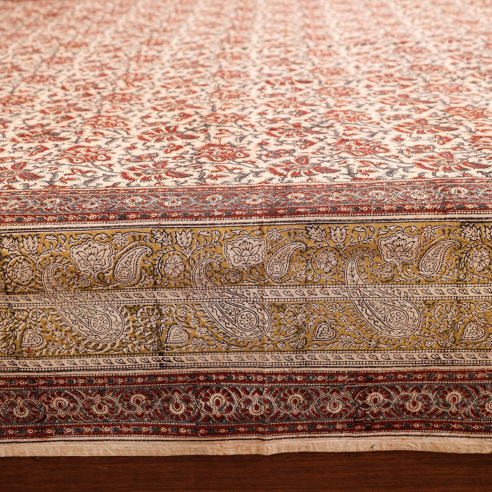 Beige - Pedana Kalamkari Block Printing Cotton Double Bed Cover (111 x 94 in)