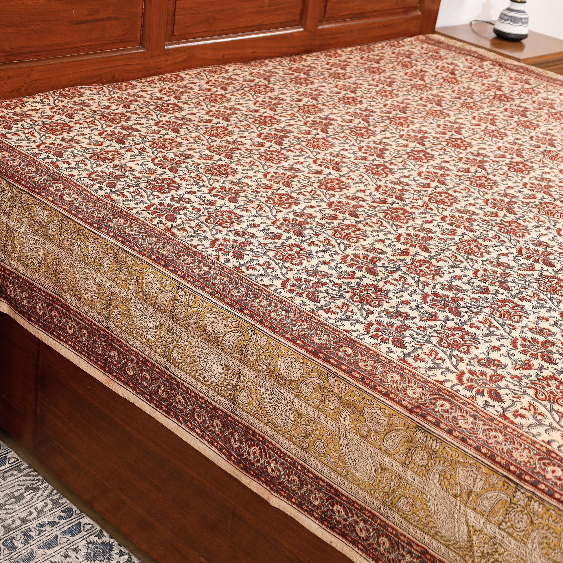 Beige - Pedana Kalamkari Block Printing Cotton Double Bed Cover (111 x 94 in)
