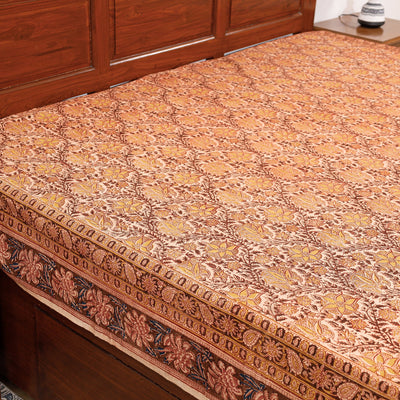 Beige - Pedana Kalamkari Block Printing Cotton Double Bed Cover (111 x 94 in)