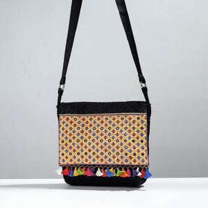 Black - Soof Stitch Embroidery Pure Handloom Mashru Silk Sling Flap Bag