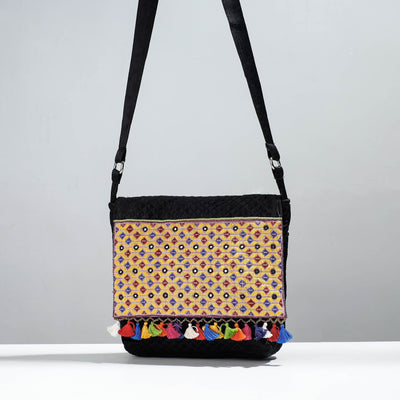 Black - Soof Stitch Embroidery Pure Handloom Mashru Silk Sling Flap Bag