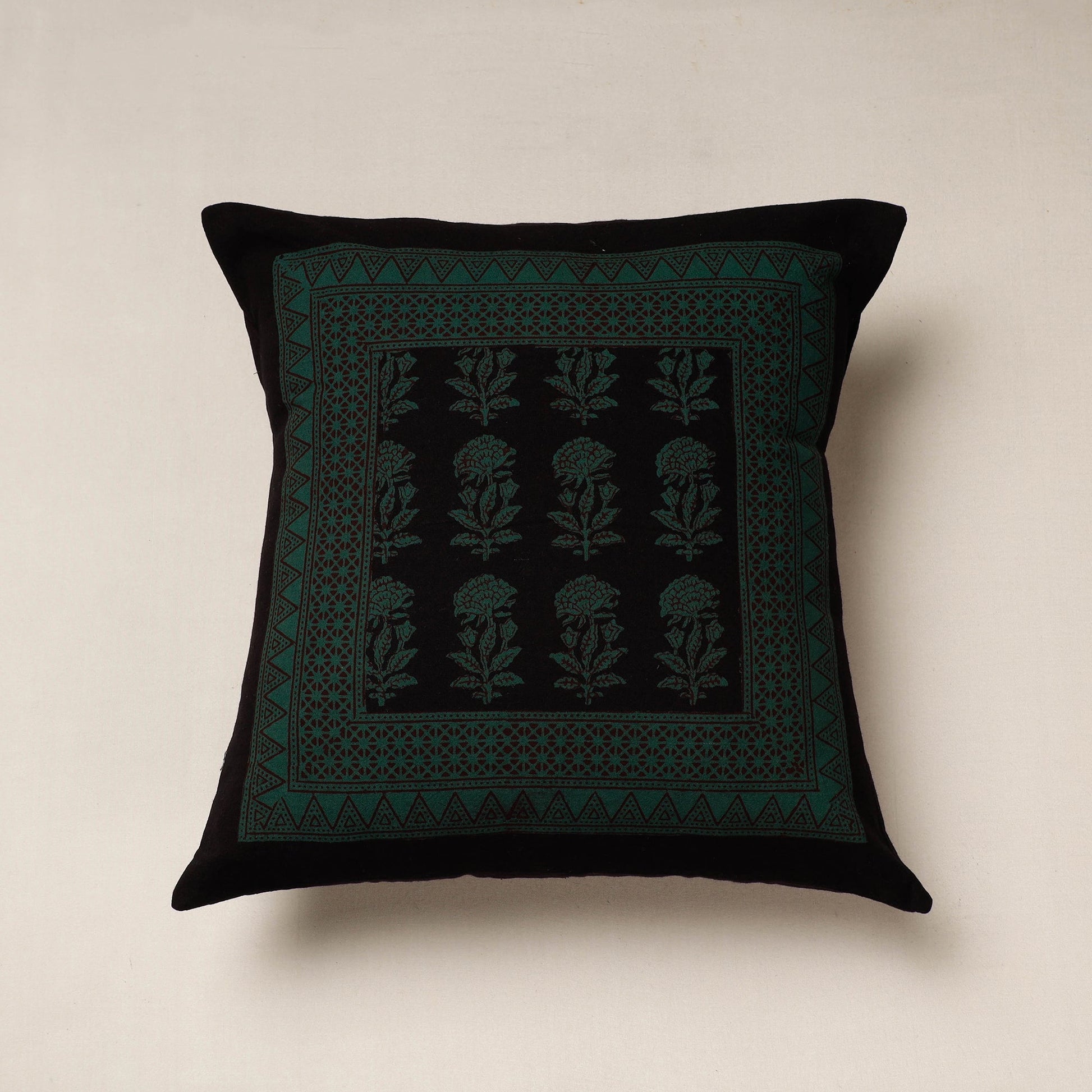 Black - Bagh Block Printed Cotton Cushion Cover (16 x 16 in)