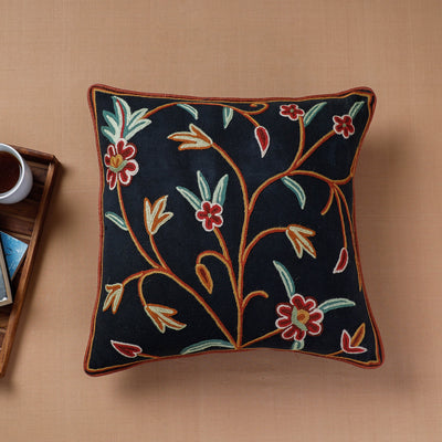 Black - Aari Hand Embroidery Cotton Duck Cushion Cover (16 x 16 in)