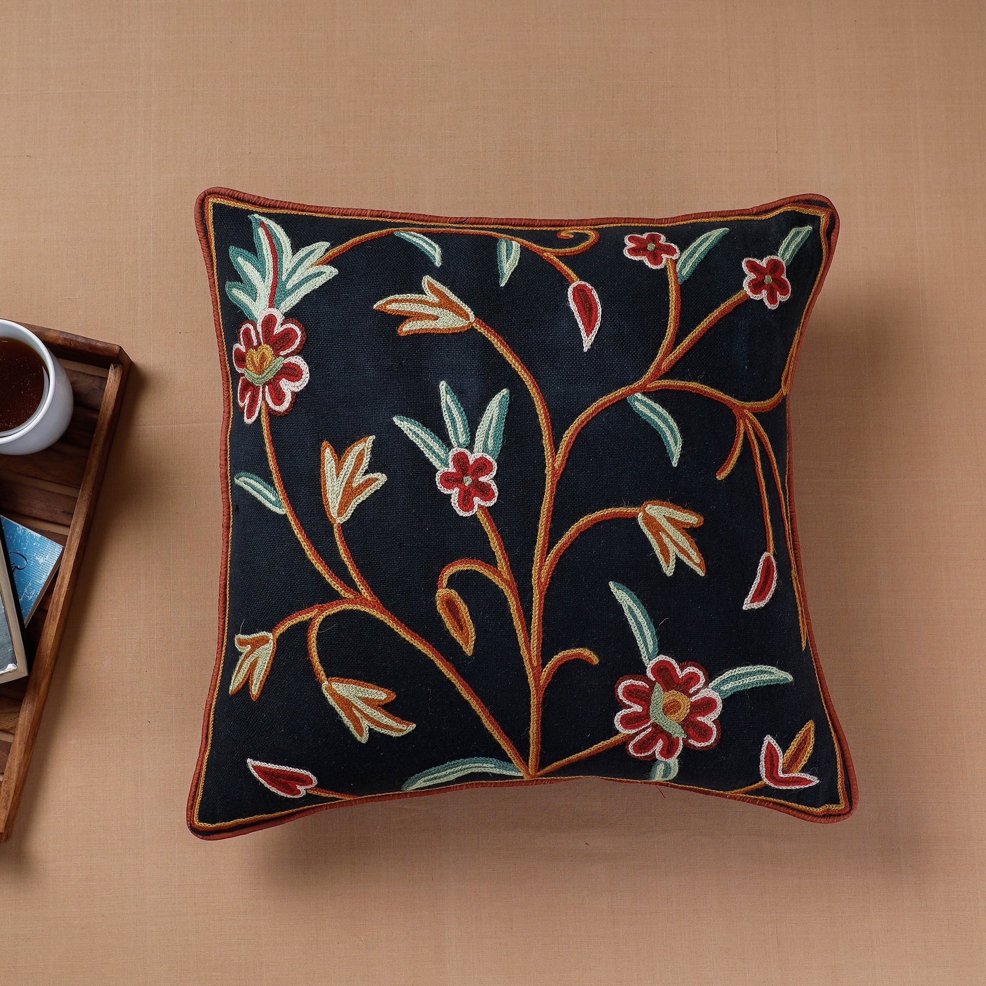 Black - Aari Hand Embroidery Cotton Duck Cushion Cover (16 x 16 in)