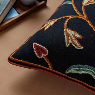 Black - Aari Hand Embroidery Cotton Duck Cushion Cover (16 x 16 in)