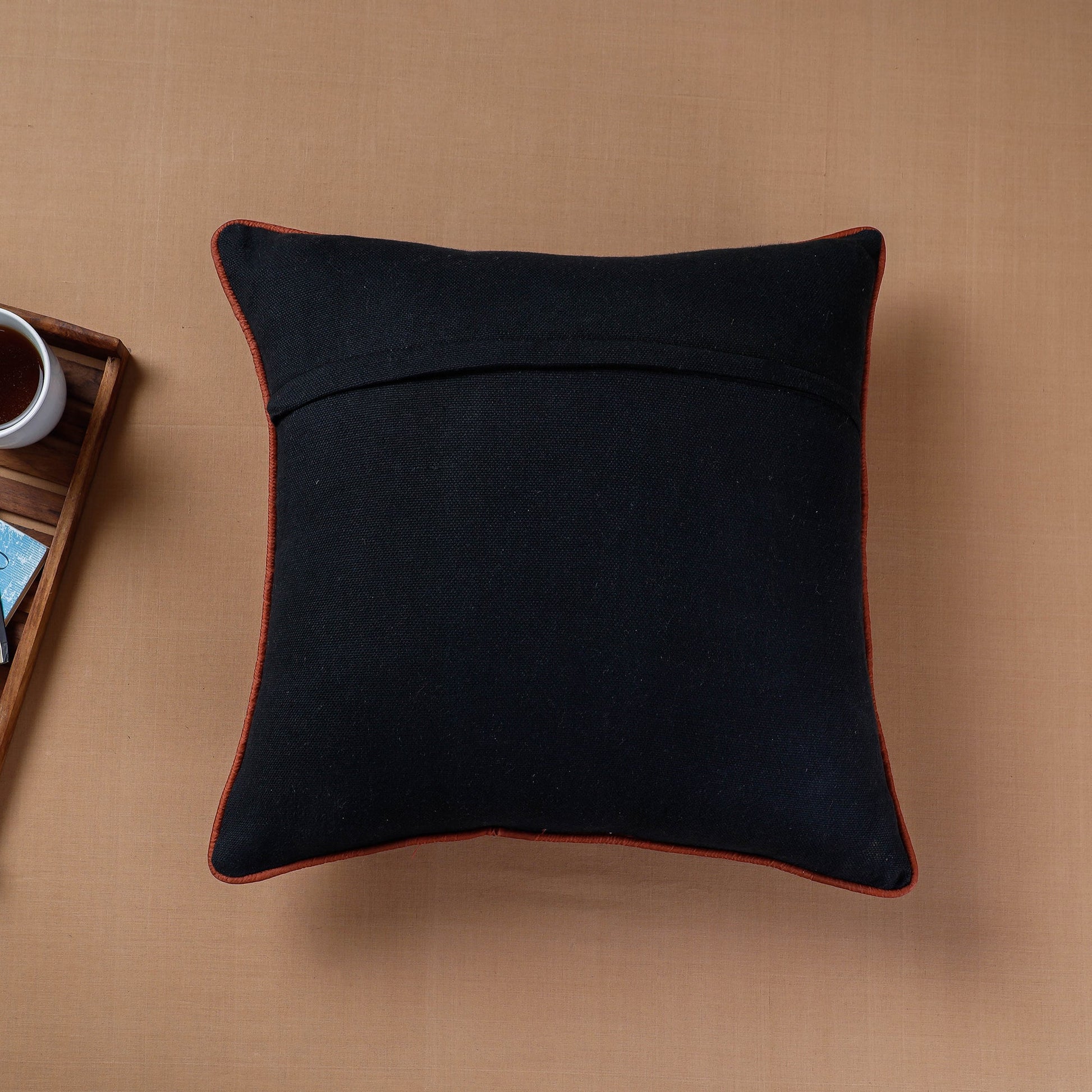 Black - Aari Hand Embroidery Cotton Duck Cushion Cover (16 x 16 in)