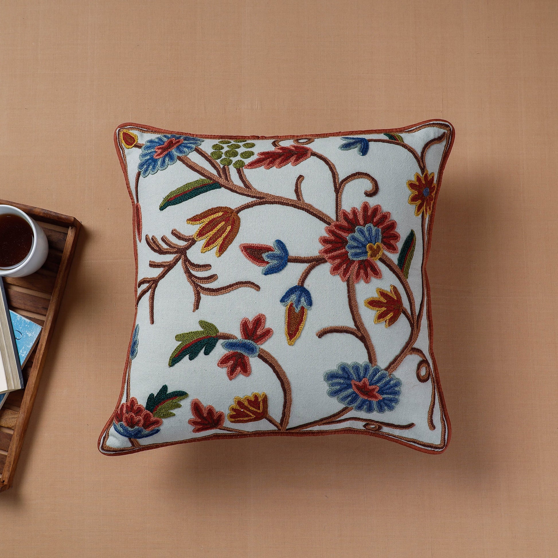 Blue - Aari Hand Embroidery Cotton Duck Cushion Cover (16 x 16 in)