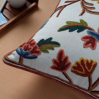 Blue - Aari Hand Embroidery Cotton Duck Cushion Cover (16 x 16 in)