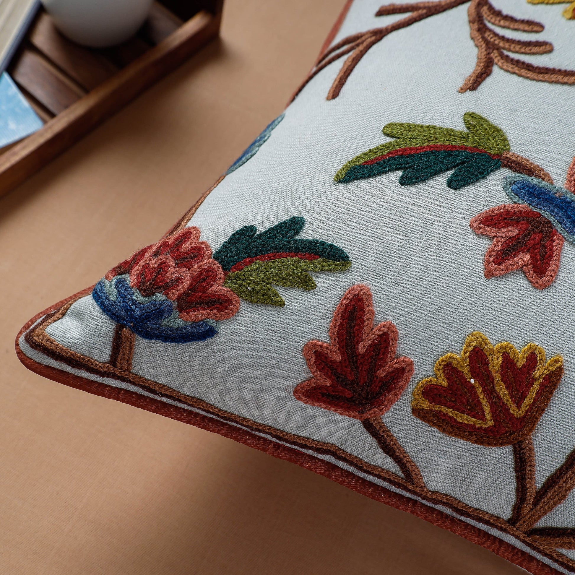Blue - Aari Hand Embroidery Cotton Duck Cushion Cover (16 x 16 in)