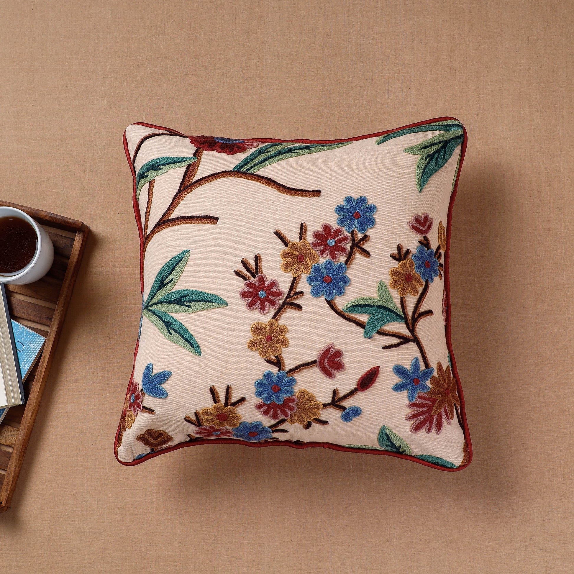 Beige - Aari Hand Embroidery Cotton Duck Cushion Cover (16 x 16 in)