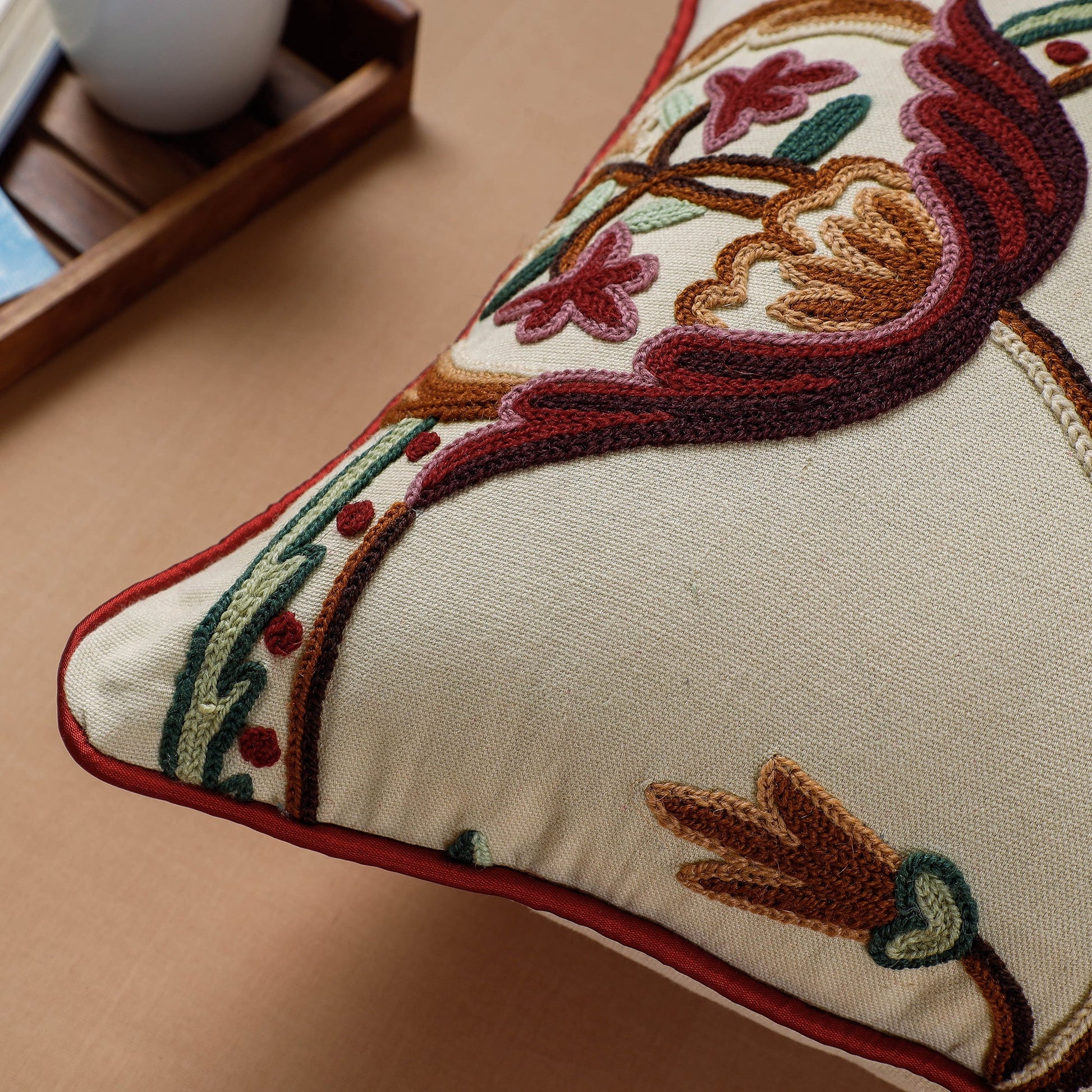 Aari Hand Embroidery Cotton Duck Cushion Cover (16 x 16 in)