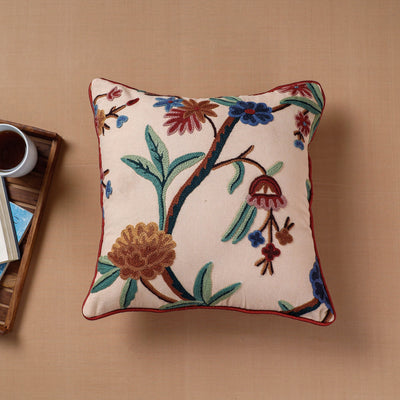 Beige - Aari Hand Embroidery Cotton Duck Cushion Cover (16 x 16 in)