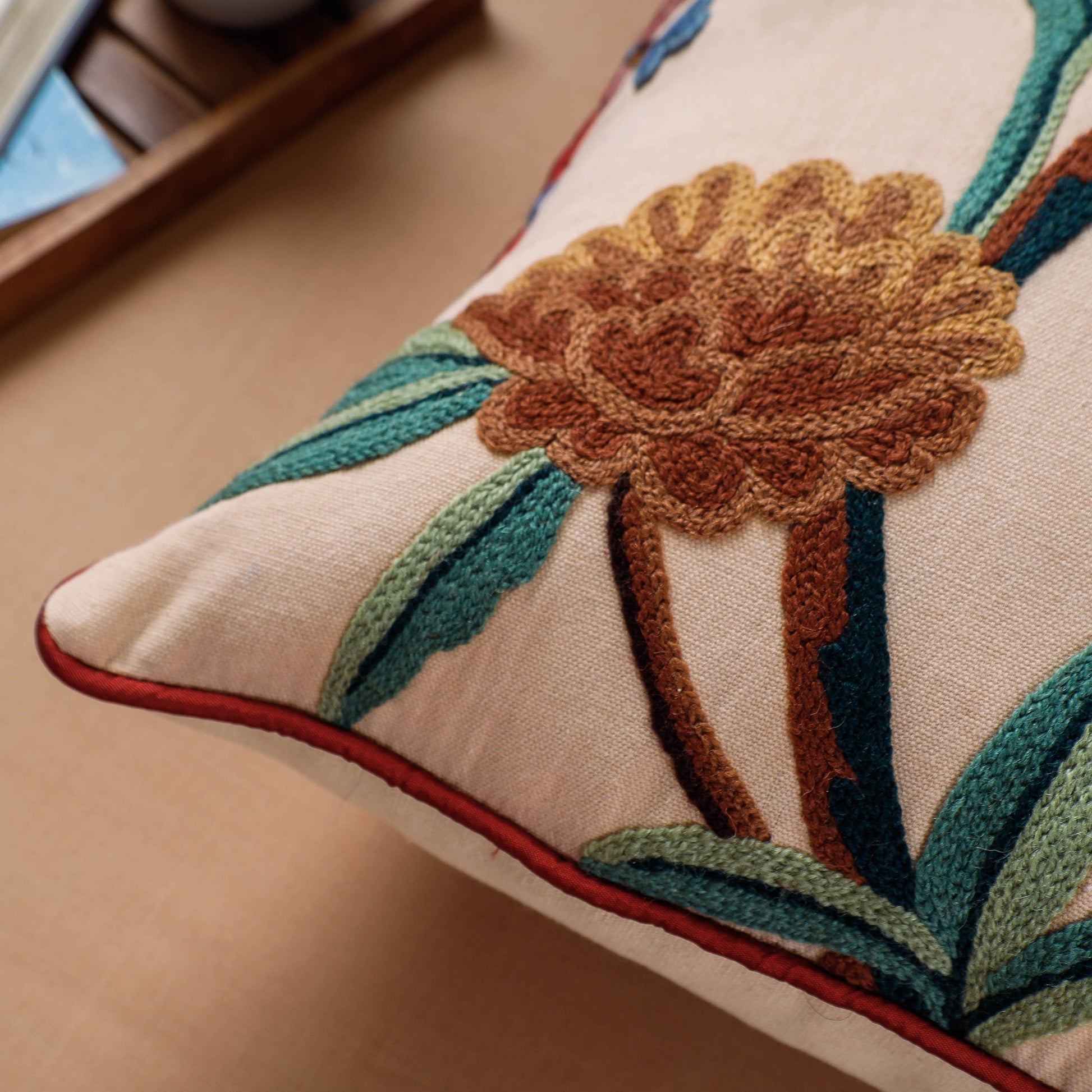 Beige - Aari Hand Embroidery Cotton Duck Cushion Cover (16 x 16 in)