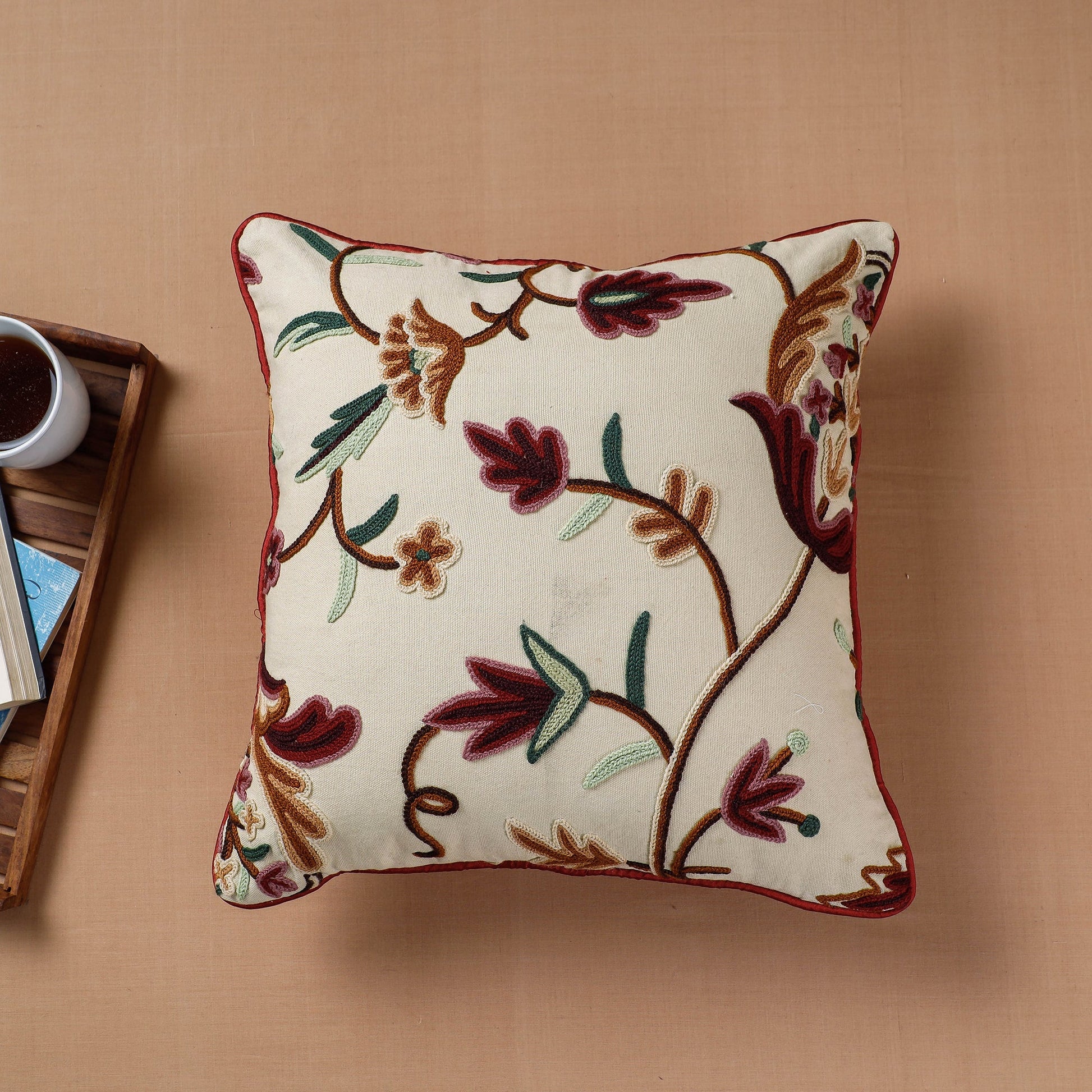 Beige - Aari Hand Embroidery Cotton Duck Cushion Cover (16 x 16 in)