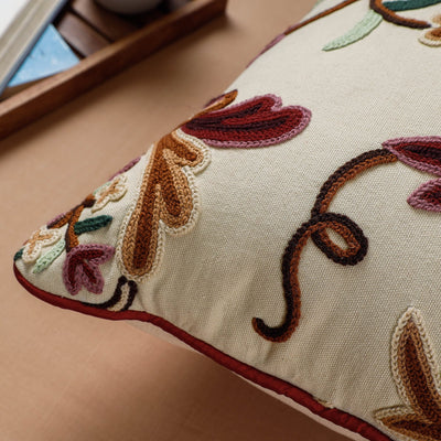 Beige - Aari Hand Embroidery Cotton Duck Cushion Cover (16 x 16 in)