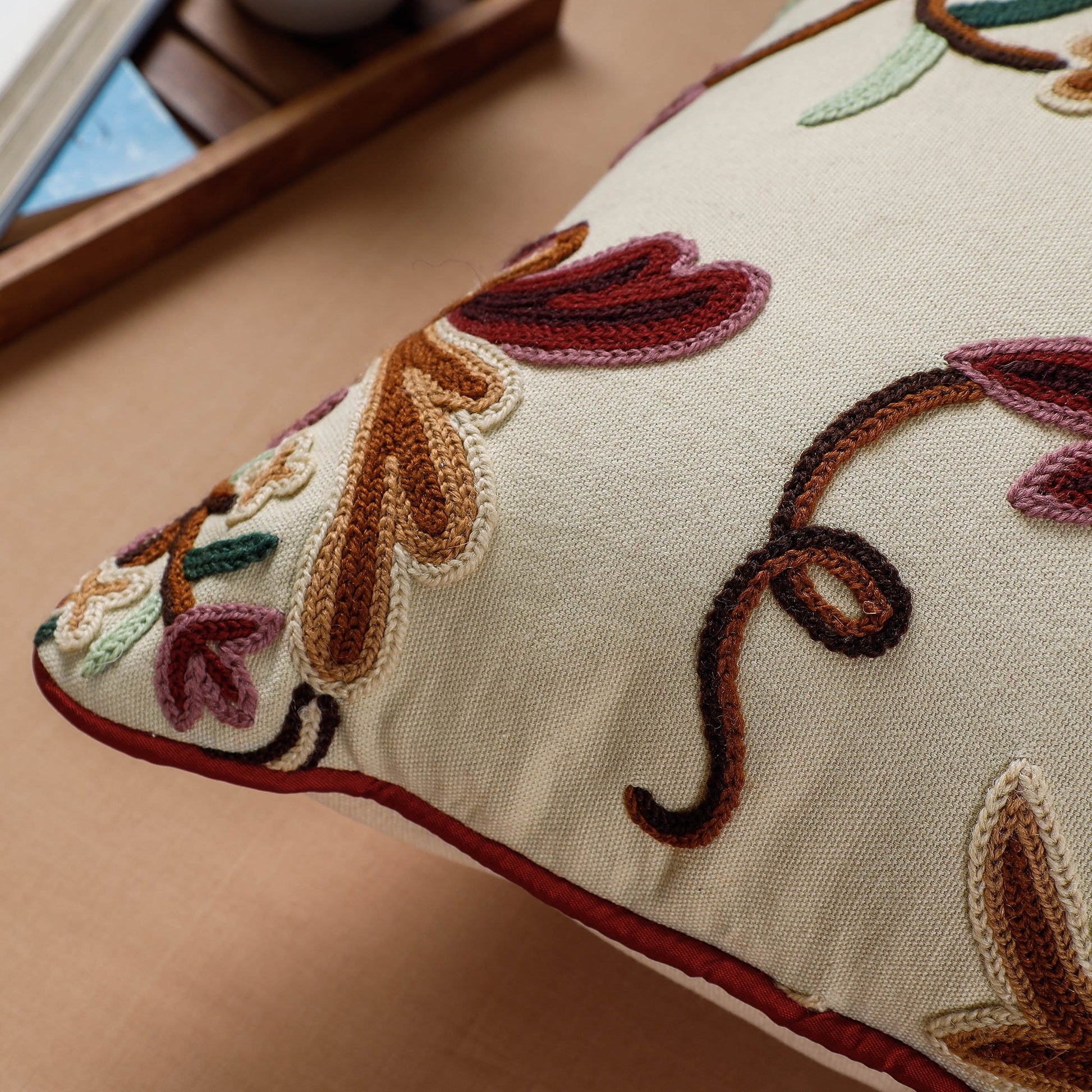 Beige - Aari Hand Embroidery Cotton Duck Cushion Cover (16 x 16 in)