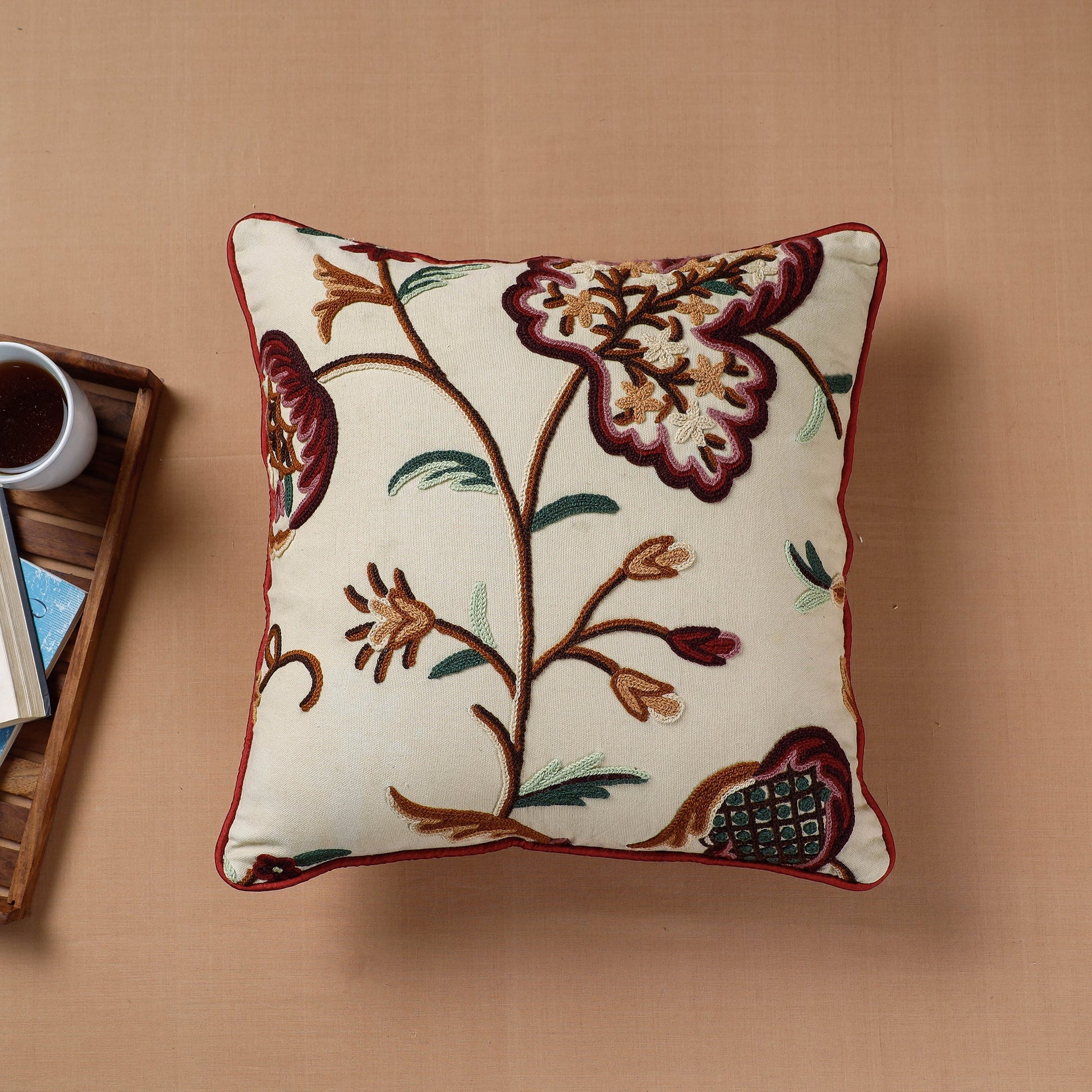 Brown - Aari Hand Embroidery Cotton Duck Cushion Cover (16 x 16 in)