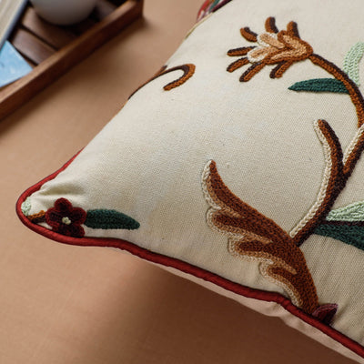 Brown - Aari Hand Embroidery Cotton Duck Cushion Cover (16 x 16 in)