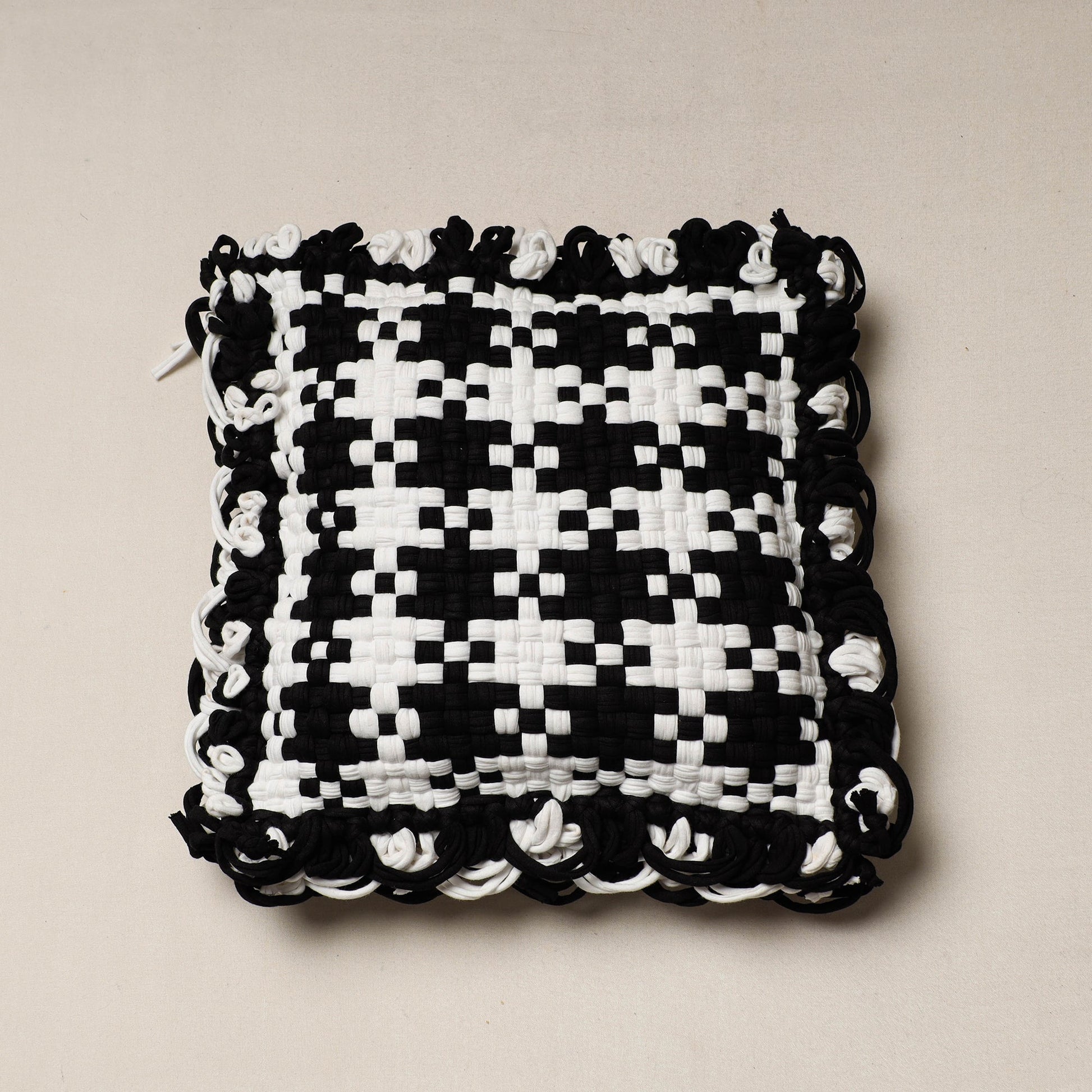 Black - Handwoven Upcycled Cotton Cushion Cover (12 x 12 in)