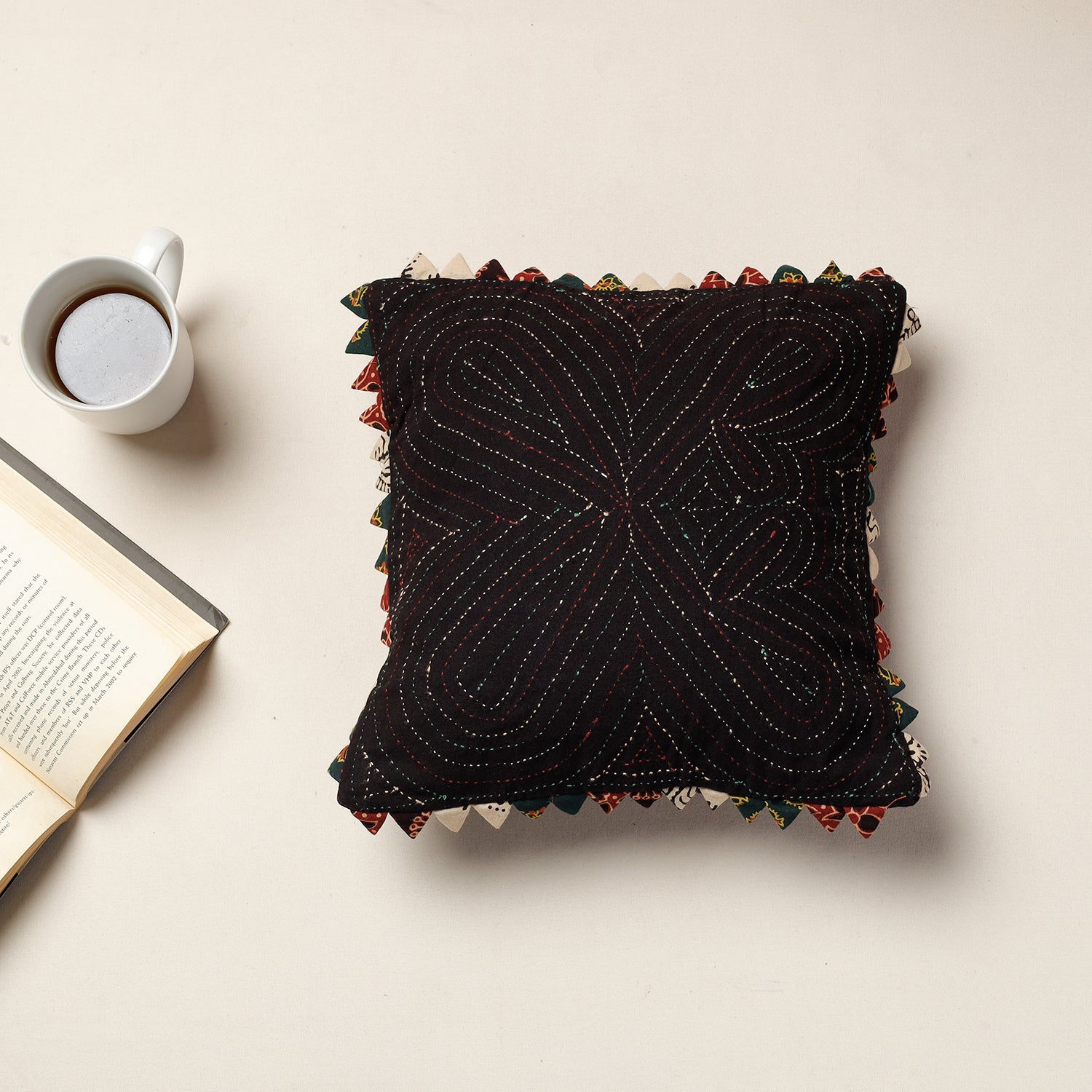Black - Kala Raksha Tagai Work Cotton Cushion Cover (12 x 12 in)